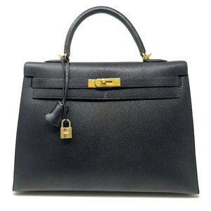 HERMES Kelly 35 Chevre de Coromandel Black Goatskin Leather Handbag